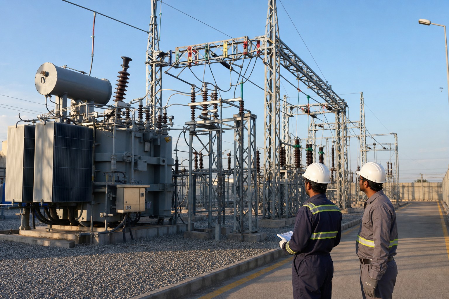 Engineers inspecting an electrical substation