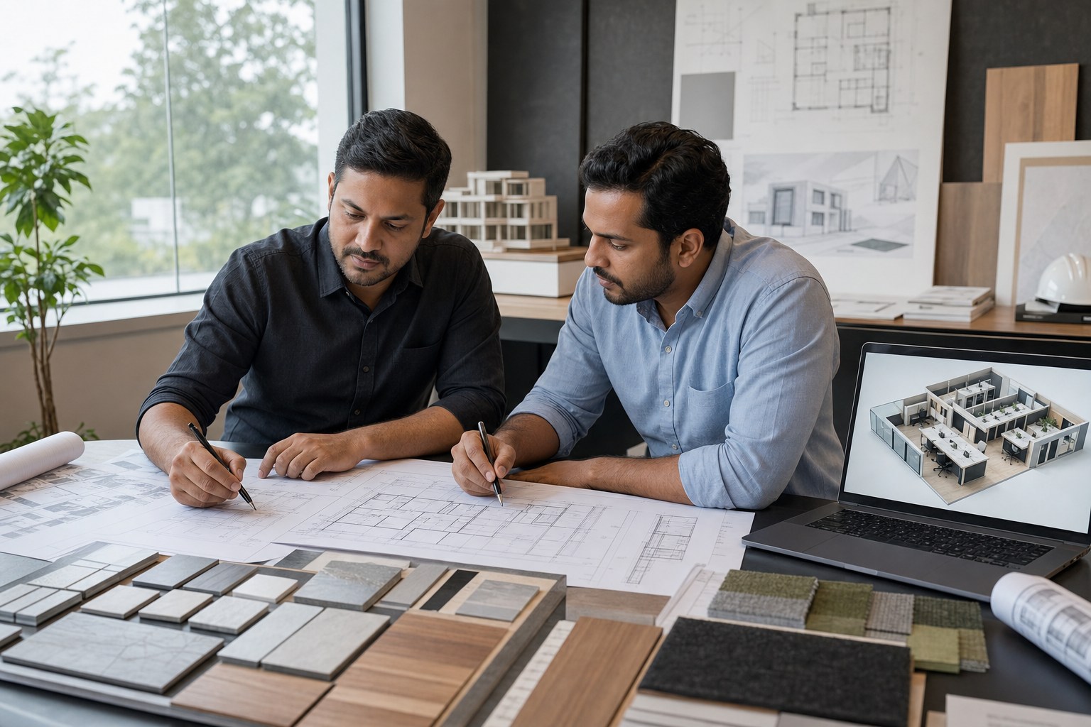 Architects reviewing plans and interior material samples