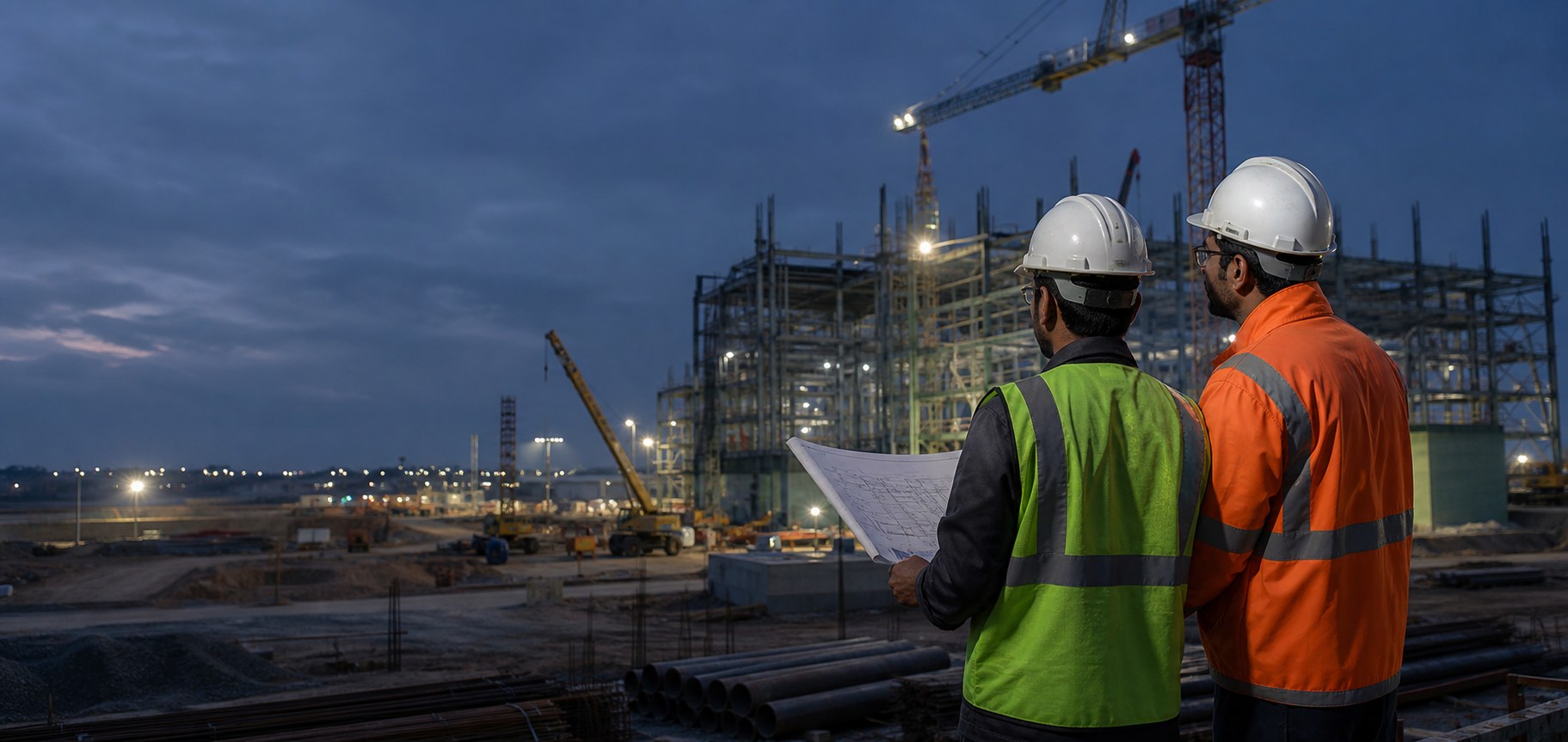 Engineers reviewing an industrial construction site