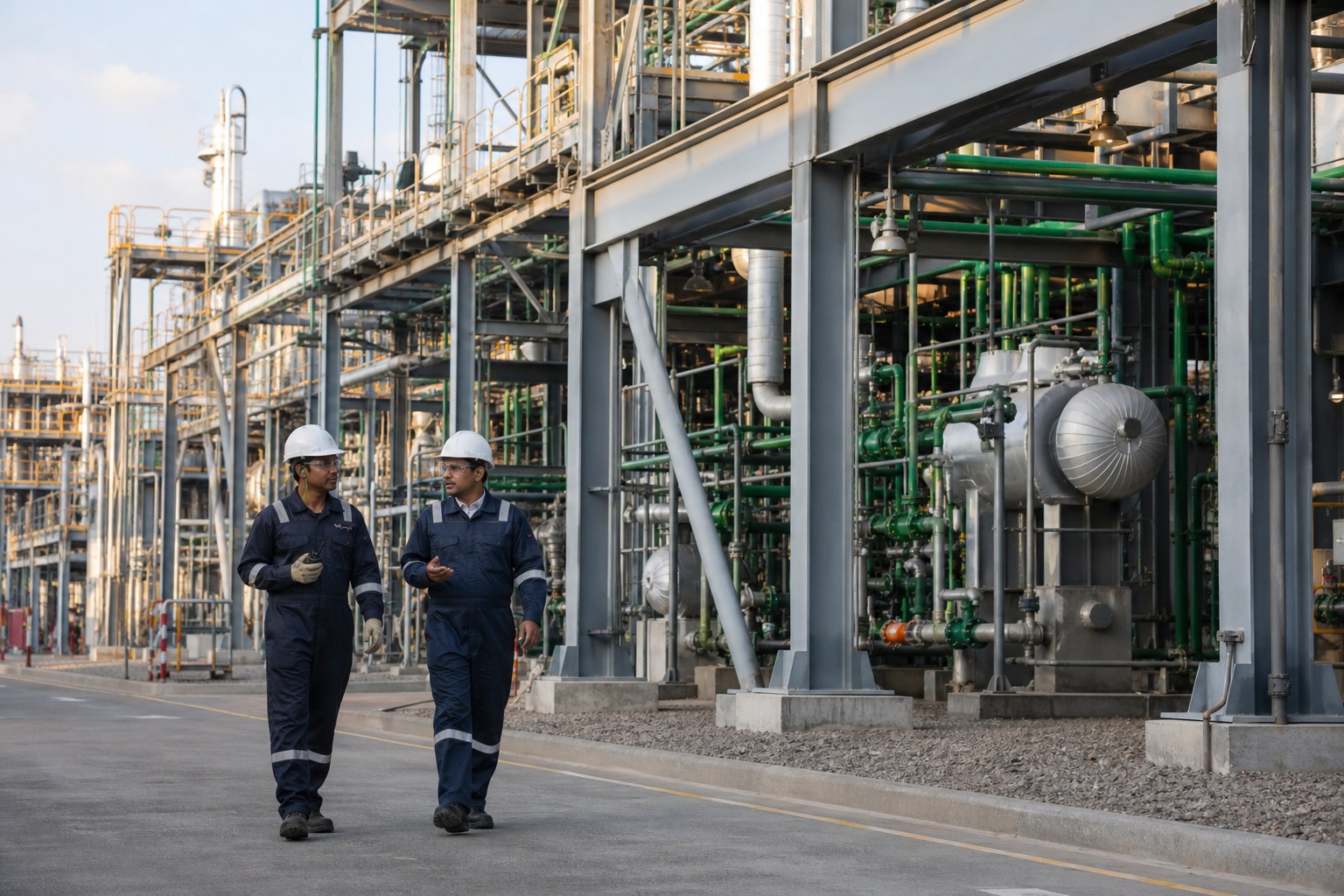 Engineers walking through a modern industrial processing facility