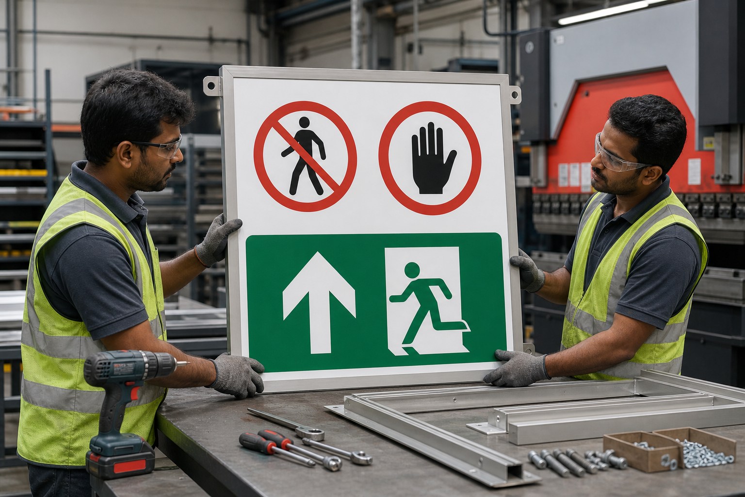 Industrial safety signage under fabrication review